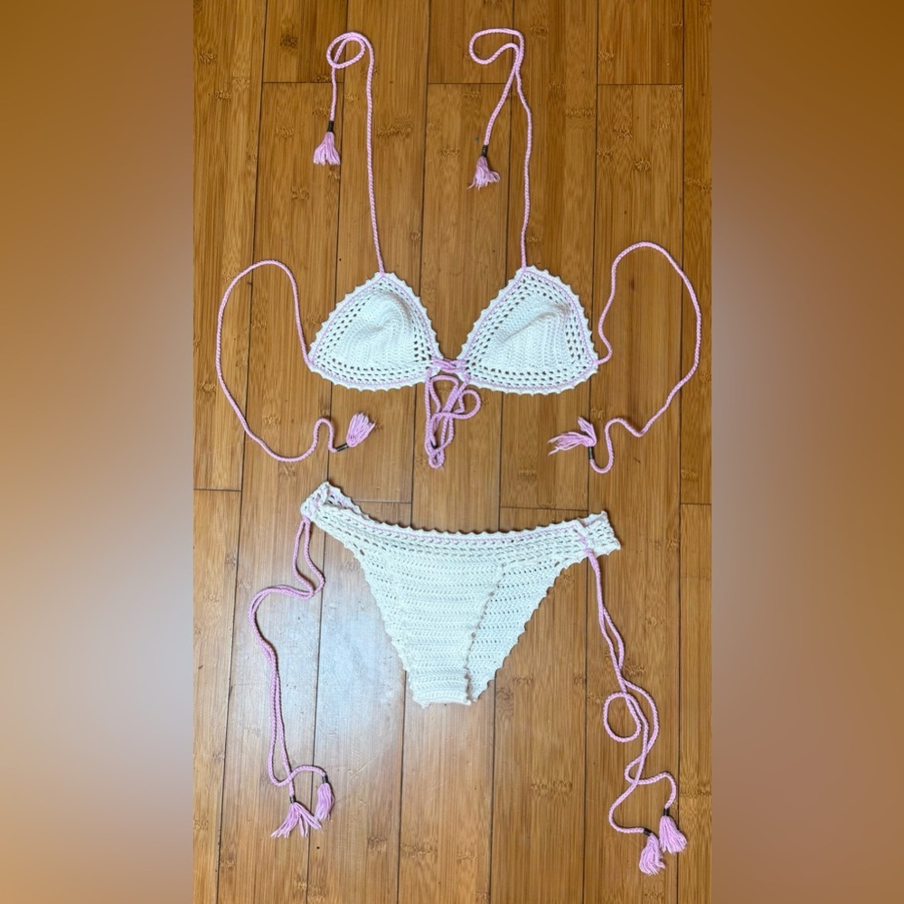 White and Pink Crochet Bikini Set